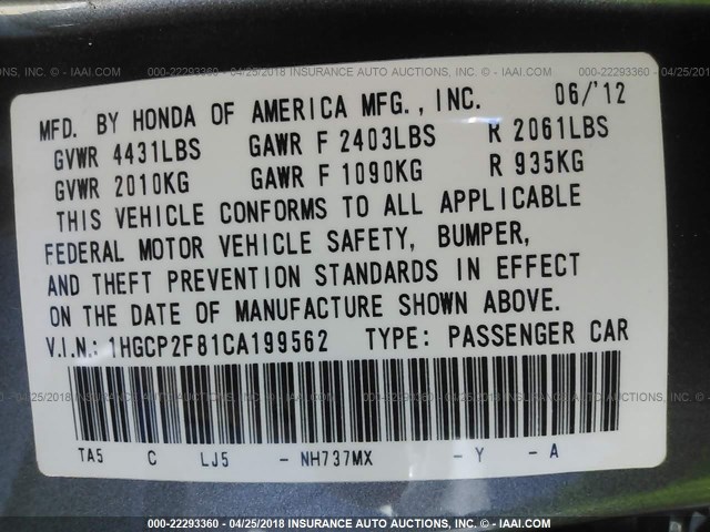 1HGCP2F81CA199562 - 2012 HONDA ACCORD EXL GRAY photo 9