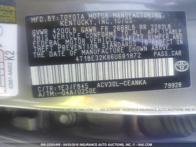 4T1BE32K86U681872 - 2006 TOYOTA CAMRY LE/XLE/SE ნაცრისფერი ფოტო 9