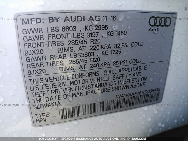 WA1VAAF76HD036433 - 2017 AUDI Q7 PRESTIGE WHITE photo 9