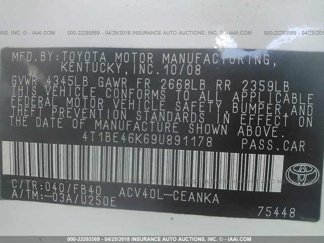 4T1BE46K69U891178 - 2009 TOYOTA CAMRY SE/LE/XLE 白色 照片 9