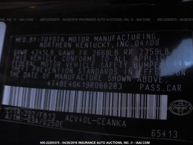 4T4BE46K19R066283 - 2009 TOYOTA CAMRY SE/LE/XLE 黑色 照片 9