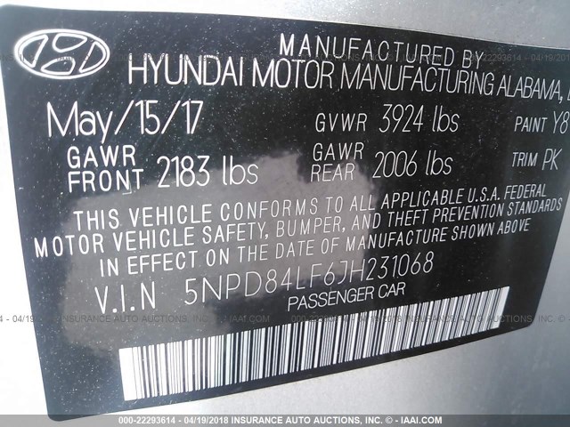 5NPD84LF6JH231068 - 2018 HYUNDAI ELANTRA SEL/VALUE/LIMITED SILVER photo 9