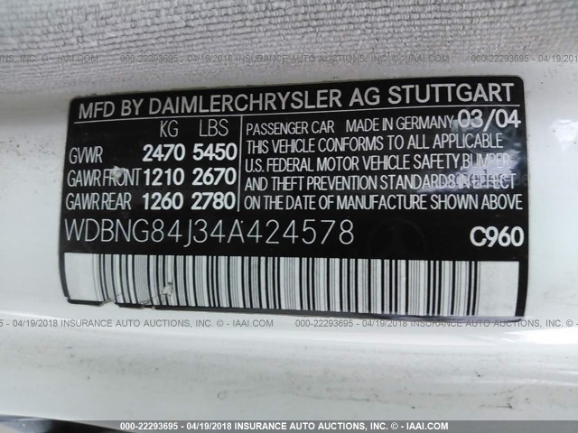WDBNG84J34A424578 - 2004 MERCEDES-BENZ S 500 4MATIC WHITE photo 9