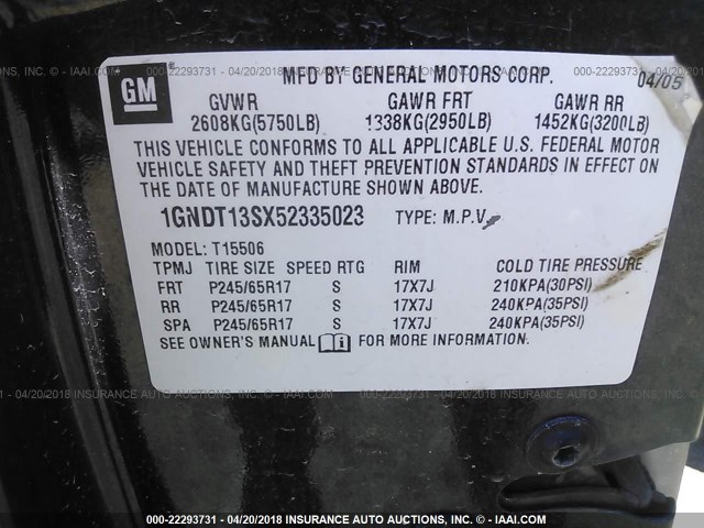 1GNDT13SX52335023 - 2005 CHEVROLET TRAILBLAZER LS/LT GRAY photo 9