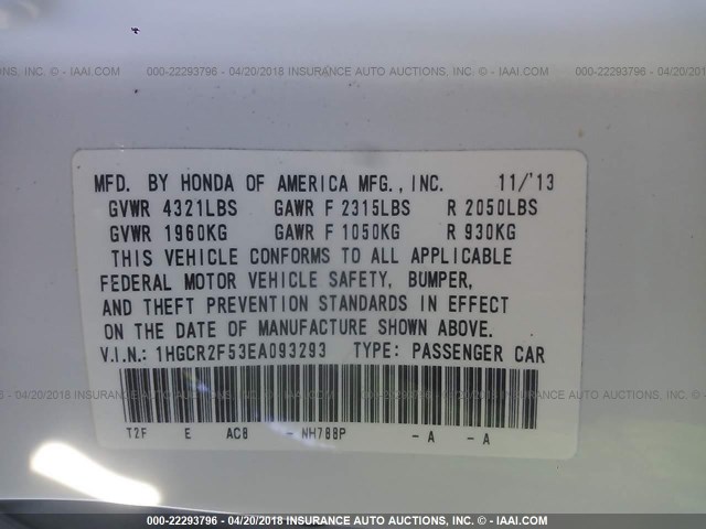 1HGCR2F53EA093293 - 2014 HONDA ACCORD SPORT WHITE photo 9