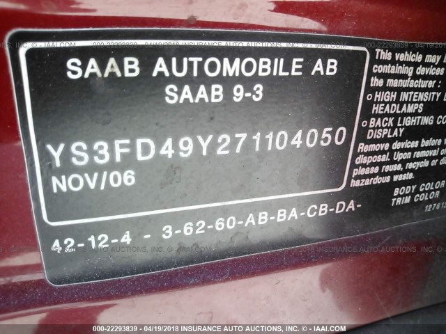 YS3FD49Y271104050 - 2007 SAAB 9-3 2.0T RED photo 9