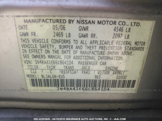 1N4BA41E66C864104 - 2006 NISSAN MAXIMA SE/SL GOLD photo 9