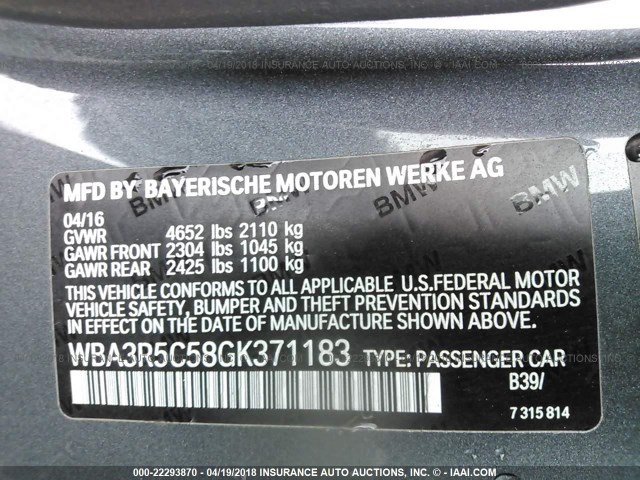 WBA3R5C58GK371183 - 2016 BMW 435 XI GRAY photo 9