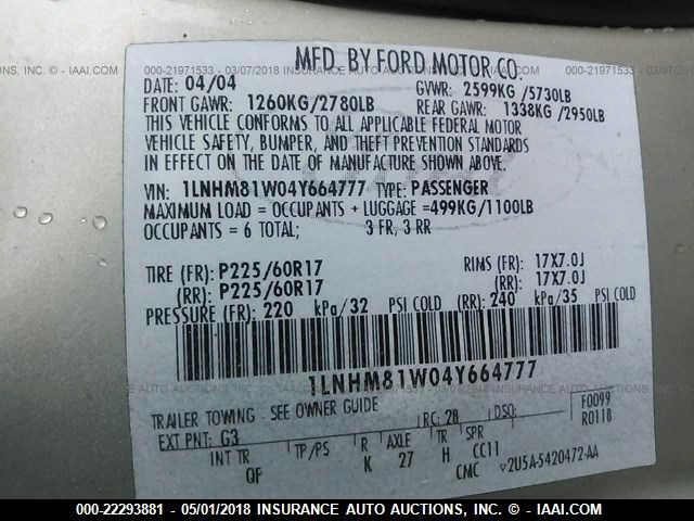 1LNHM81W04Y664777 - 2004 LINCOLN TOWN CAR EXECUTIVE/SIGNATURE Gümüş fotoğraf 9