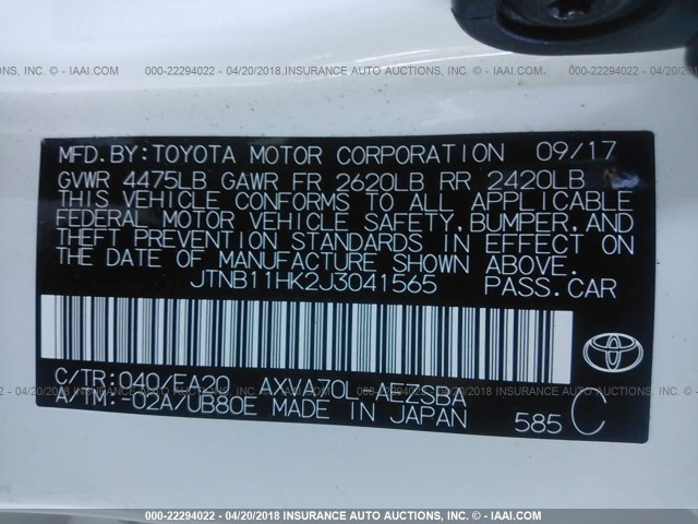 JTNB11HK2J3041565 - 2018 TOYOTA CAMRY L/LE/XLE/SE/XSE WHITE photo 9