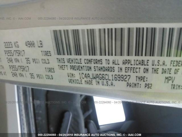 1C4AJWAG6CL169927 - 2012 JEEP WRANGLER SPORT ვერცხლისფერი ფოტო 9