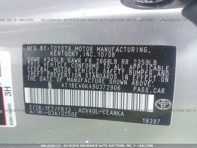 4T1BE46K49U372906 - 2009 TOYOTA CAMRY SE/LE/XLE SILVER photo 9