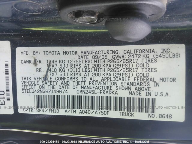5TELU42N36Z149674 - 2006 TOYOTA TACOMA DOUBLE CAB ლურჯი ფოტო 9