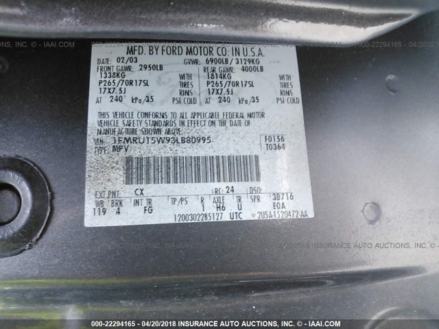 1FMRU15W93LB80995 - 2003 FORD EXPEDITION XLT ნაცრისფერი ფოტო 9