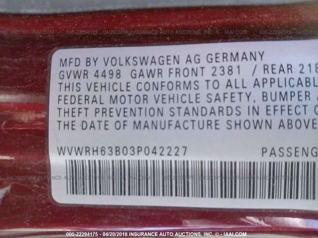 WVWRH63B03P042227 - 2003 VOLKSWAGEN PASSAT GLX 红色 照片 9