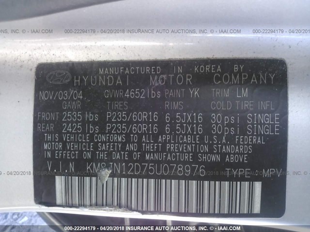 KM8JN12D75U078976 - 2005 HYUNDAI TUCSON GLS/LX SILVER photo 9