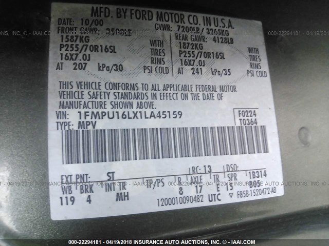 1FMPU16LX1LA45159 - 2001 FORD EXPEDITION XLT 绿色 照片 9