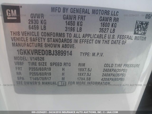 1GKKVRED0BJ389914 - 2011 GMC ACADIA SLT-1 Blanco foto 9