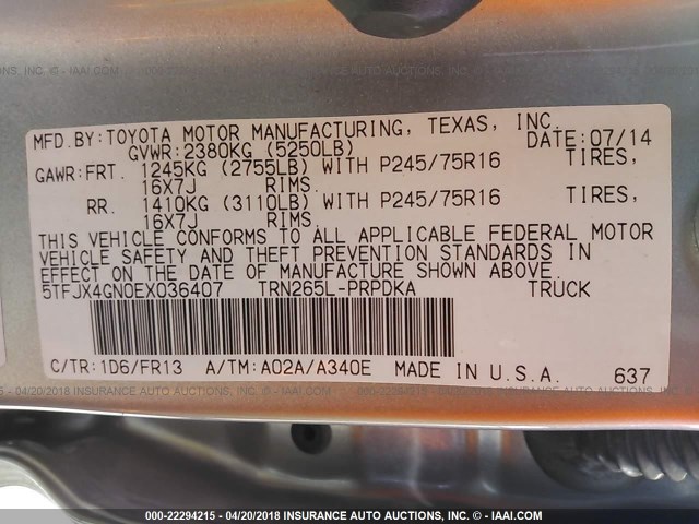 5TFJX4GN0EX036407 - 2014 TOYOTA TACOMA DOUBLE CAB 银色 照片 9