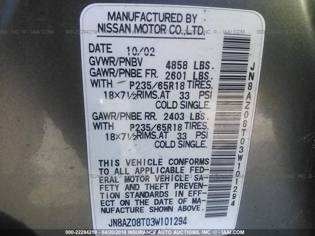 JN8AZ08T03W101294 - 2003 NISSAN MURANO SL/SE GRAY photo 9