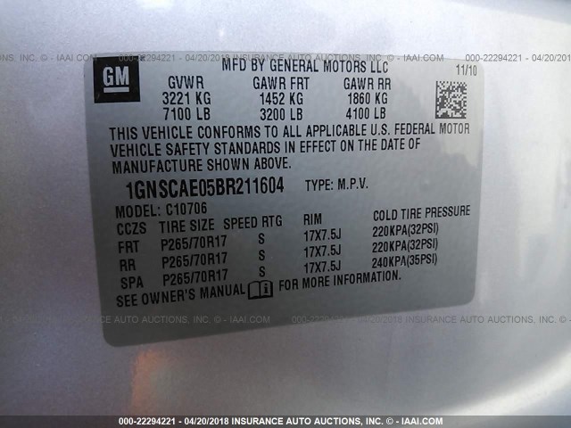 1GNSCAE05BR211604 - 2011 CHEVROLET TAHOE C1500  LS SILVER photo 9