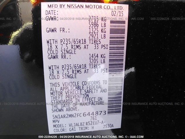 5N1AR2MN2FC644873 - 2015 NISSAN PATHFINDER S/SV/SL/PLATINUM 黑色 照片 9