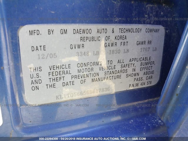 KL1TG56656B617836 - 2006 CHEVROLET AVEO LT BLUE photo 9