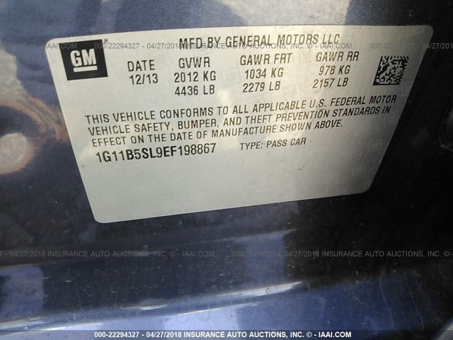 1G11B5SL9EF198867 - 2014 CHEVROLET MALIBU LS 蓝色 照片 9