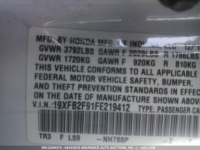19XFB2F91FE219412 - 2015 HONDA CIVIC EXL თეთრი ფოტო 9