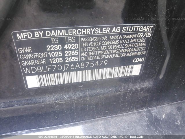 WDBUF70J76A875479 - 2006 MERCEDES-BENZ E 500 BLACK photo 9