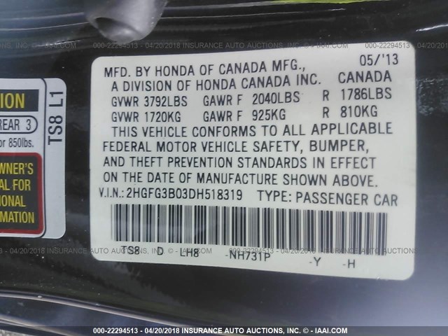 2HGFG3B03DH518319 - 2013 HONDA CIVIC EXL BLACK photo 9