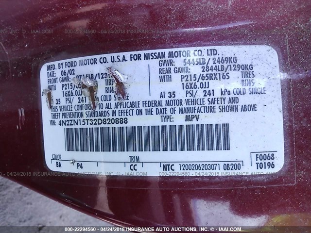 4N2ZN15T32D820888 - 2002 NISSAN QUEST GXE RED photo 9