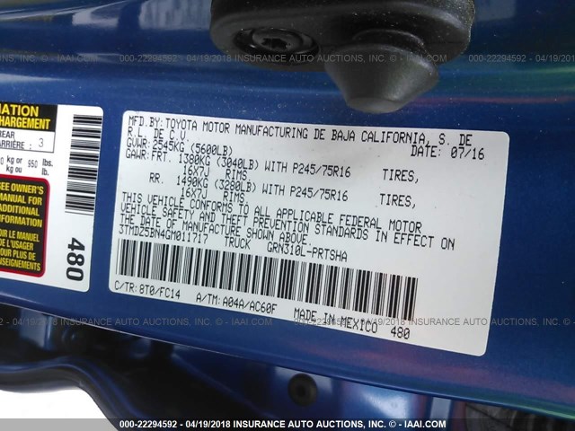 3TMDZ5BN4GM011717 - 2016 TOYOTA TACOMA DBL CAB/SR5/TRD SPORT/OR BLUE photo 9