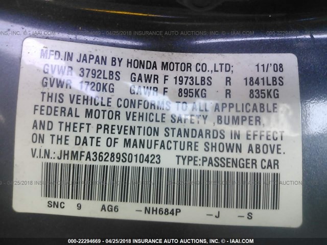 JHMFA36289S010423 - 2009 HONDA CIVIC HYBRID GRAY photo 9