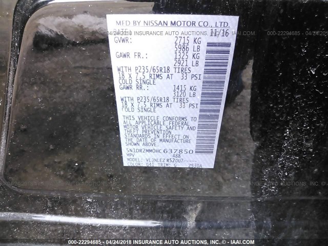 5N1DR2MM0HC637850 - 2017 NISSAN PATHFINDER S/SV/SL/PLATINUM 黑色 照片 9