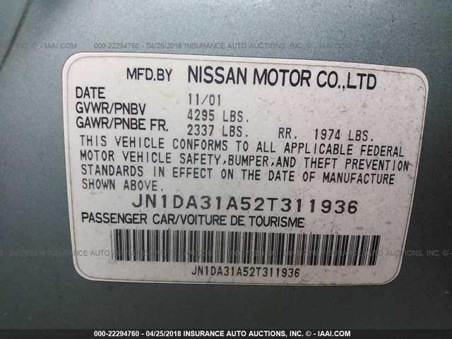 JN1DA31A52T311936 - 2002 NISSAN MAXIMA GLE/SE BLUE photo 9