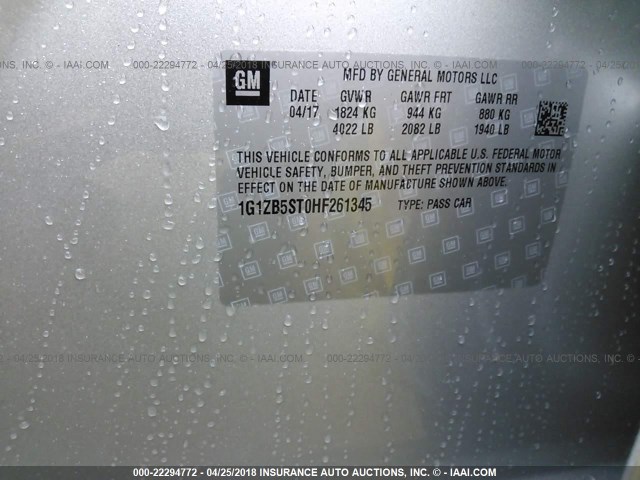 1G1ZB5ST0HF261345 - 2017 CHEVROLET MALIBU LS SILVER photo 9