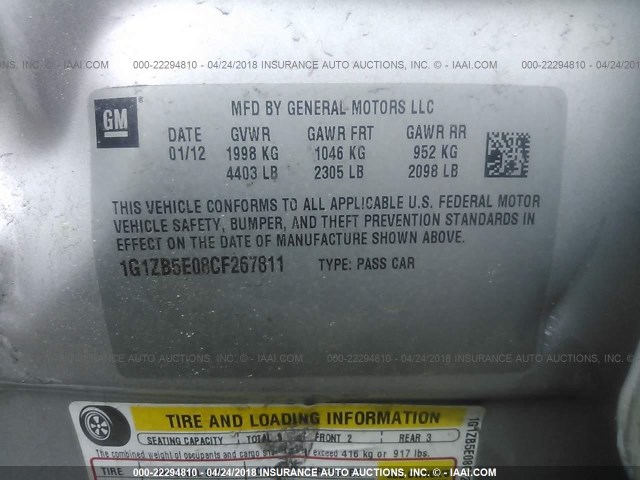 1G1ZB5E08CF267811 - 2012 CHEVROLET MALIBU LS 银色 照片 9