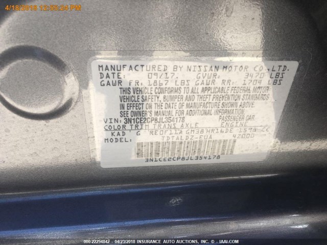 3N1CE2CP8JL354178 - 2018 NISSAN VERSA NOTE S/S PLUS/SV/SL/SR GRAY photo 14