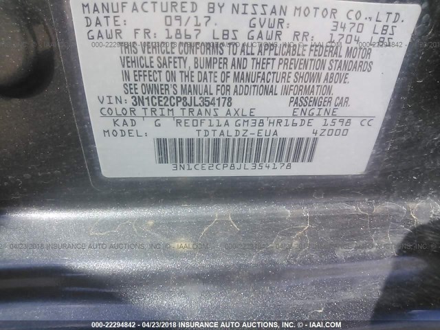 3N1CE2CP8JL354178 - 2018 NISSAN VERSA NOTE S/S PLUS/SV/SL/SR GRAY photo 9