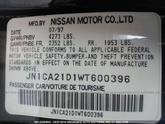 JN1CA21D1WT600396 - 1998 NISSAN MAXIMA GLE/GXE/SE BLACK photo 9