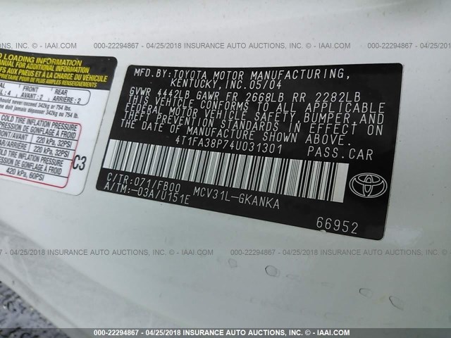 4T1FA38P74U031301 - 2004 TOYOTA CAMRY SOLARA SE/SLE თეთრი ფოტო 9