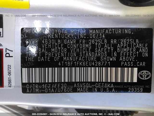 4T1BF1FK6EU428771 - 2014 TOYOTA CAMRY L/SE/LE/XLE 银色 照片 9