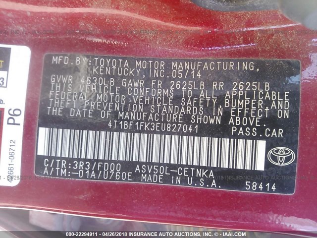 4T1BF1FK3EU827041 - 2014 TOYOTA CAMRY L/SE/LE/XLE 红色 照片 9