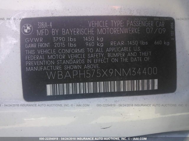 WBAPH575X9NM34400 - 2009 BMW 328 I SULEV WHITE photo 9