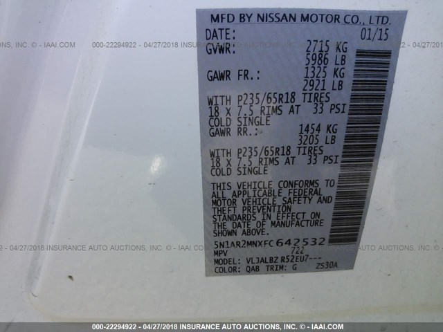 5N1AR2MNXFC642532 - 2015 NISSAN PATHFINDER S/SV/SL/PLATINUM 白色 照片 9