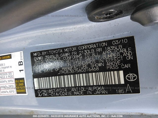 JTKDE3B75A0316468 - 2010 TOYOTA SCION TC 浅蓝色 照片 9