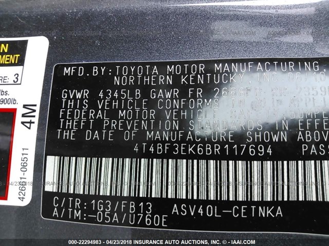 4T4BF3EK6BR117694 - 2011 TOYOTA CAMRY SE/LE/XLE 灰色 照片 9