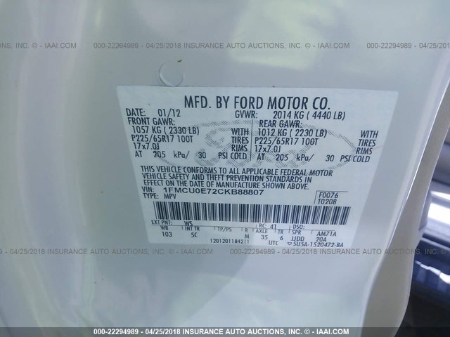 1FMCU0E72CKB88807 - 2012 FORD ESCAPE LIMITED WHITE photo 9