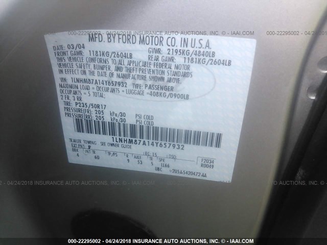 1LNHM87A14Y657932 - 2004 LINCOLN LS Gümüş foto 9